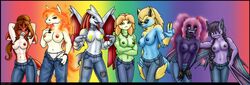 anthro blue_fur breasts carlito clothes corphish crobat female female_only front_view fur gastly green_skin grey_skin hair interspecies long_image manectric multiple_females multiple_girls nipples panties pasties pokemon rapidash skarmory standing sunflora tagme topless underwear wings