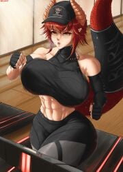 big_breasts dragon_girl horns huge_breasts jiggling_breasts naisho red_hair scales short_hair sweating tagme tail tight_clothing workout zentreya