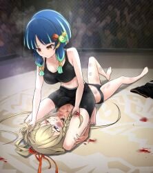 2girls and artist_request blonde_hair blood blue_hair busty catfight character_request competitive facesitting femdom hair hair_grab hair_pull hair_pulling huge_breasts humiliation i’m me monster_strike on one skinny sports_shorts sportswear the thick_thighs top who? wrestling yuri