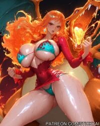 ai_generated breasts brown_eyes charizard nami nami_(one_piece) nsfw one_piece orange_hair pokemon pokemon_(species) stickyai