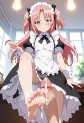 1boy 1femboy 1trap after_footjob ai_generated arikawa_hime blue_eyes blush crossdressing cum cum_in_feet cum_on_feet feet feet_focus foot_fetish foot_focus from_below front_view gay himegoto indoors legs pink_hair shiny_skin soles steam steamy_feet stepped_on