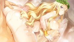 areolae ass ass_grab bath blonde_hair blue_eyes blush breasts eiyu_senki_gold female game_cg highres large_breasts legs long_hair looking_back lying nipples nude ooyari_ashito sex sitting sitting_on_person smile steam sweat thighs vaginal_penetration wet