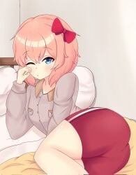 ass ass_focus big_ass bow doki_doki_literature_club pajamas pink_hair recespro_(artist) rubbing_eyes sayori_(doki_doki_literature_club) shorts sleepy thick_thighs wide_hips