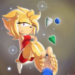 amy_rose anthro ass bottomless breasts chaos_emerald feet female footjob fur hedgehog male no_panties nolegal pussy sonic_(series) straight super_amy unseen_male_face