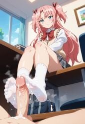 1boy 1femboy 1trap after_footjob ai_generated arikawa_hime blue_eyes blush crossdressing cum cum_in_feet cum_on_feet feet feet_focus foot_fetish foot_focus from_below front_view gay himegoto indoors legs pink_hair shiny_skin soles steam steamy_feet stepped_on