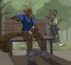 2boys anthro balls bench black_fur black_nose blonde_hair blue_eyes bottomless bulge canine clothed clothes erect_penis erection exhibitionism eyewear foreskin fur furry furry_only gay glasses grey_fur hair half-dressed k-ho male male_only mammal masturbation onyx_(character) onyx_wasson onyxtanuki open_mouth pants_down penis pink_nose precum shirt shorts suit tagme tanuki uncut voyeur yaoi