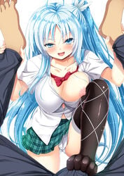 areola_slip areolae barefoot big_breasts black_legwear black_thighhighs blue_eyes blue_hair blush breast_slip breasts breasts_out bulge cameltoe chogokin clothed clothed_female denki_anma denma_onna domination erect_nipples feet female female_on_top femdom foot_grab footjob footjob_over_clothes kouda_serio large_breasts long_hair looking_at_viewer male malesub nipple_slip nipples no_shoes open_mouth outercourse panties pantyshot pantyshot_(standing) pink_nipples plaid_skirt pov pov_eye_contact pov_male school_uniform schoolgirl simple_background skirt standing standing_footjob straight thighhighs toes twintails very_long_hair white_panties young