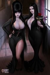 2019 2019s 2girls addams_family artist_logo artist_name big_breasts big_hair black_dress black_hair blue_eyes breasts bursting_breasts bust busty chest cleavage clothed clothing cocktail_dress colored_skin crossover curvaceous curvy curvy_body curvy_female curvy_figure curvy_hips dagger dark_hair digital_drawing_(artwork) digital_media_(artwork) dress earrings elvira elvira:_mistress_of_the_dark elvira:_mistress_of_the_darkness female female_focus female_only flower full_cleavage goth goth_fashion gothic hair hi_res high_heels highres hourglass_figure huge_breasts iury_padilha jewelry knife large_breasts large_hair logo long_breasts long_hair mature_female milf mole mole_under_eye morticia_addams multiple_girls necklace plant rose rose_(flower) sagging_breasts scissors the_addams_family thighs top_heavy upper_body voluptuous watermark weapon white_skin window