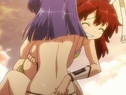 2girls :d ^_^ animated aresta_blanket ass ass_cleavage back backboob bangs bent_over bikini black_swimsuit blue_hair blush bouncing_breasts breast_grab breasts butt_crack closed_eyes cloud female fight_ippatsu!_juuden-chan!! frilled_bikini frills from_behind grin hair_ornament large_breasts long_hair looking_at_viewer lowleg lowres multiple_girls naughty_face open_mouth outdoors plug_cryostat qvga red_eyes red_hair screencap side-tie_bikini sideboob sitting skindentation sky spread_legs string_bikini tickling wet wide_hips yellow_bikini yuri