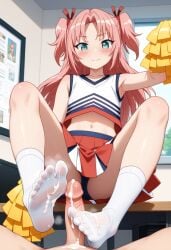 1boy 1femboy 1trap after_footjob ai_generated arikawa_hime blue_eyes blush crossdressing cum cum_in_feet cum_on_feet feet feet_focus foot_fetish foot_focus from_below front_view gay himegoto indoors legs pink_hair shiny_skin soles steam steamy_feet stepped_on