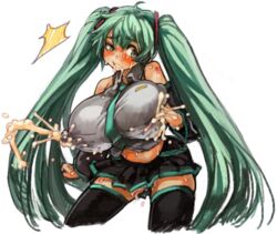 breasts clothing female green_hair hatsune_miku huge_breasts lactation lactation_through_clothes sachito simple_background skirt solo vocaloid