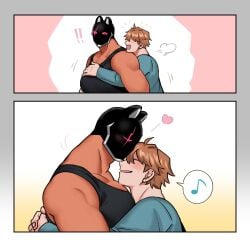 !! 2boys 2koma blush cat_ears closed_eyes face-to-face fake_animal_ears gay hug hug_from_behind male male_only mask masked_male multiple_boys muscular muscular_male original satoru6514 simple_background tank_top yaoi