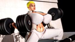 3d blue_eyes exercise exercise_equipment huge_breasts major_melons prevence short_hair sweat