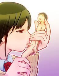 black_eyes black_hair borusen clothed_female_nude_male fellatio female femdom giantess giantess_fellatio hair human lips male miniboy nude oral oversized_fellatio oversized_oral penis straight