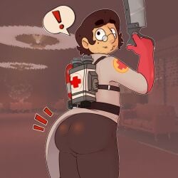 ! 1boy 2025 beauty_mark big_nose cl0ckability cosplay fat_ass glasses mechul medic_(team_fortress_2) original_character solo_male team_fortress_2 text_box unaware