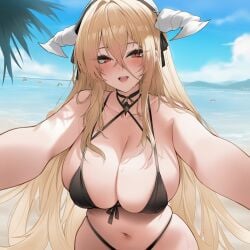 ai_generated azur_lane beach bikini blonde_hair blush horns implacable_(azur_lane) large_breasts looking_at_viewer navel red_eyes roxor smile solo upper_body