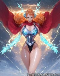 action_pose ai_generated breasts brown_eyes cloud cosplay lightning nami nami_(one_piece) nsfw one_piece orange_hair stickyai storm superheroine