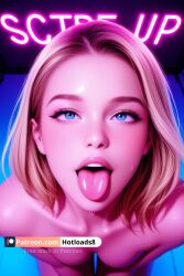 ai_generated blonde_hair blue_eyes_female breasts female female_focus gwen_stacy hotload-8 leaning_forward marvel naked naked_female open_mouth patreon spider-gwen spider-man:_into_the_spider-verse spider-man_(series) tongue_out waifu_diffusion