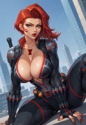 ai_generated alternate_version_at_source big_breasts black_widow_(marvel) black_widow_(marvel_rivals) blue_eyes bodysuit city_background female hypet marvel marvel_rivals natasha_romanoff red_hair solo suit tagme thick thick_thighs thigh_highs thighhighs thighs video_game_character