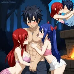 1boy 2girls ai_generated black_hair clothed dark_blue_hair erza_scarlet fairy_tail forest gray_fullbuster night red_hair threesome throuple wendy_marvell