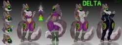 anthro breasts delta.b_the_protogen female fluffy fluffy_chest fur glowing glowing_markings hi_res latex machine markings model_sheet multicolored_body multicolored_fur nude protogen protogen_armor protogen_visor solo zhadart