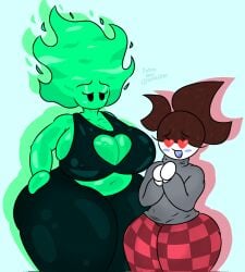 1boy 1boy1girl 1girls 2024 belly belly_button big_breasts boob_window breasts checkered_pants chubby_female elemental_creature f'lata_flare_(minusbrush) femboy green_body grey_sweater heart_eyes lucas_(lucasberrylol) retrodoxl sideboob sweatpants tagme thick_thighs