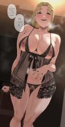 blonde_girl_(okpriko) blonde_hair blush breasts english_text female female_pubic_hair highres large_breasts lingerie looking_at_viewer nipples okpriko open_mouth original pubic_hair seductive_smile smile sweat underwear