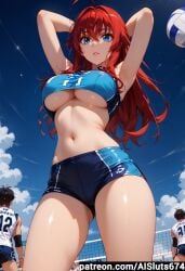 ai_sluts high_school_dxd huge_breasts red_hair rias_gremory solo solo_female underboob volleyball_uniform