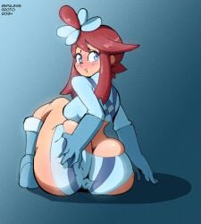 1girls anus anus_visible_through_clothes ass ass ass_bigger_than_head ass_cleavage asshole big_ass big_butt blue_background blue_eyes blush butt_crack game_freak grabbing_own_ass looking_at_viewer looking_back looking_back_at_viewer nintendo pokemon pokemon_bw protorepulsive rear_view red_hair repulsiveproto sitting skyla_(pokemon) smile solo_female thick_thighs viewed_from_behind