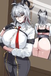 1girls ass ass_cutout backless_outfit black_bra black_gloves black_horns black_panties bra breasts button_gap choker clothing_cutout collared_shirt curled_horns drogod_(artist) female gloves hella_p horns huge_breasts light-skinned_female light_skin looking_at_viewer mirror necktie panties pants red_eyes red_necktie reflection shirt solo underwear white_hair white_shirt wuthering_waves zani_(wuthering_waves)