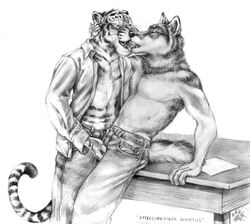 anthro blotch canine clothes feline fur furry furry_only gay interspecies kissing male male_only mammal monochrome multiple_males table tiger wolf