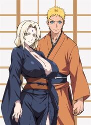 1boy 1girls bangs blonde_hair blue_eyes blush breasts cleavage closed_mouth clothing cowboy_shot facial_mark female forehead_mark high_resolution huge_breasts kimono large_breasts long_hair long_sleeves looking_at_viewer male mature mature_female naruto robe sash shiny short_hair smile standing thighs tied_hair traditional_clothes tsunade uzumaki_naruto wafuku whisker_markings wide_sleeves yellow_eyes yxyyxy