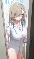 artist_request asuna_(blue_archive) big_breasts blue_archive blue_eyes bottomless doorway female halo indoors looking_at_viewer no_panties shirt shirt_only tagme white_shirt