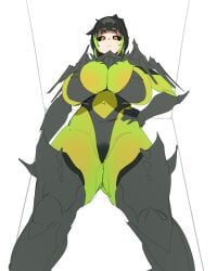 1girls amber_eyes armor big_breasts bile_titan black_hair black_sclera bracers clothing_request cuisse cuisses elbow_gloves female female_only front_view gauntlet gauntlets gorget greaves green_body green_hair green_skin grey_armor gya_rb helldivers helldivers_2 huge_breasts inner_hair leotard light-skinned_female lime_body long_hair looking_at_viewer looking_down looking_down_at_viewer low-angle_view mismatched_eyebrows overflowing_breasts ponytail slit_pupils solo standing thick_thighs thighhighs two-tone_hair two-tone_skin two_tone_hair two_tone_skin vambraces white_background worm's-eye_view yellow_eyebrows yellow_eyes