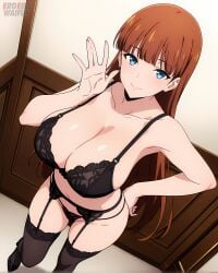 ai_generated big_breasts black_legwear blue_eyes breasts cute_face eroero_waifus lee_joo_hee lingerie sexy_armpits sexy_body sexy_pose solo_leveling teasing