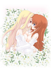 2girls bare_shoulders blonde_hair blue_eyes blush breast_press breasts brown_hair couple eye_contact fate_testarossa female flower frapowa lily_(flower) long_hair looking_at_another lyrical_nanoha mahou_shoujo_lyrical_nanoha multiple_girls no_bra open_mouth red_eyes symmetrical_docking takamachi_nanoha yuri