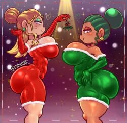 2girls animal_crossing bbw christmas dress eyeshadow female huge_ass huge_breasts mistletoe nintendo pachislot tight_fit villager_(animal_crossing)