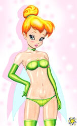 1girls 2014 bikini blonde_hair blue_eyes blush bra breasts choker disney disney_fairies earrings elbow_gloves eyeshadow fairy fairy_wings female gloves hair_ribbon james_bender jpeg lipstick looking_at_viewer makeup panties peter_pan_(disney) plain_background pointy_ears short_hair smile solo thighhighs tinker_bell wings