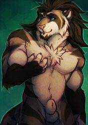 anthro balls beard biceps blue_eyes cherrybox chest_tuft dazen_(character) facial_hair feline fur furry goatee male male_only mammal muscles nude sheath solo standing tiger tuft