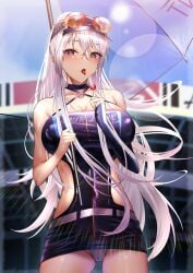 1girls azur_lane bare_shoulders blush bodycon breasts candy cleavage collarbone commentary covered_navel dated_commentary eagle_union_(azur_lane) enterprise_(azur_lane) enterprise_(wind_catcher)_(azur_lane) eyewear_on_head feet_out_of_frame food highres holding holding_candy holding_food holding_lollipop holding_umbrella large_breasts leotard light-skinned_female light_skin lollipop long_hair looking_at_viewer microskirt misapika official_alternate_costume open_mouth panties pantyshot purple_eyes purple_leotard race_queen simple_background skirt solo standing sunglasses tongue tongue_out umbrella underwear white_hair white_panties