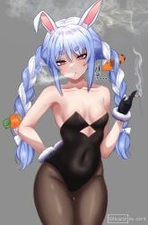 ... 1girls 2020s 2023 artist_name ass_visible_through_thighs bare_shoulders blannis_art blue_hair braid breasts bunny_girl bunnysuit carrot_hair_ornament cigarette cleavage cleft_of_venus collarbone death_stranding eyelashes female food-themed_hair_ornament gloves gluteal_fold grey_background hair_ornament hand_on_hip hi_res hololive light-skinned_female light_skin long_hair looking_at_viewer medium_breasts multicolored_hair no_bra orange_eyes pantyhose parted_lips rabbit_ears rabbit_tail simple_background smoking solo standing thighs twin_braids two-tone_hair usada_pekora