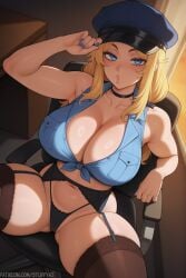 1girls ai_generated ass blonde_hair blue_eyes breasts cleavage dat_ass female hi_res hips huge_ass huge_breasts long_hair original original_character policewoman slutty_clothes stuffyai thick_thighs thighs wide_hips