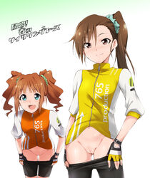 2girls aqua_eyes bike_shorts blush brown_eyes brown_hair clothing fingerless_gloves futami_mami gloves hair_bobbles hair_ornament highres idolmaster kaiga long_hair multiple_girls navel no_panties open_mouth pussy side_ponytail smile sweat takatsuki_yayoi tied_hair twintails undressing