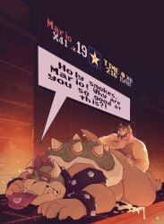 2boys absurd_res anthro arm_hair blue_shell bodily_fluids body_hair bowser bracelet brown_facial_hair brown_hair brown_mustache chest_hair chocolateandmilk clothing collar cum duo facial_hair fat fat_ass fat_male furry furry_male gay gay_sex genital_fluids hair hat headgear headwear hi_res horns human human_male human_on_anthro interspecies jewelry koopa light-skinned_male light_skin lying male male/male mammal mario_(series) moustache narrowed_eyes nintendo nipples nude obese obese_anthro obese_male on_front orange_body orange_fur orange_tail overweight overweight_anthro overweight_male red_clothing red_hair red_hat red_headwear reptile scalie shell short_hair speech_bubble spiked_bracelet spiked_collar spiked_shell spiked_tail spikes spikes_(anatomy) tail tan_body tan_fur tongue tongue_out white_horns yaoi yellow_skin