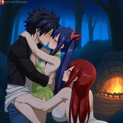 1boy 2girls ai_generated black_hair clothed dark_blue_hair erza_scarlet fairy_tail forest gray_fullbuster night red_hair threesome throuple wendy_marvell