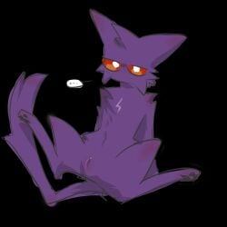 ... alpha_(super_phantom_cat) black_background cuntboy digital_media_(artwork) furry furry_only intersex pawpads purple_fur pussy red_eyes solo super_phantom_cat text_bubble