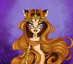 1girls big_lips brunette_hair chazelle_(wild_childz) cheetah furry hair_covering_breasts hair_covering_pussy jewelry long_hair looking_at_viewer orange_eyes purple_background tagme wild_childz