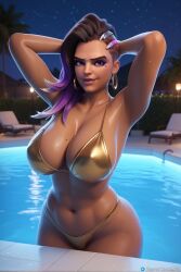 1female 3d ai_generated big_breasts big_hips black_skin blizzard_entertainment bra breasts curvy curvy_figure female front_view gold_bikini gold_bra gold_earrings gold_pasties huge_breasts looking_at_viewer mature_female mature_woman overwatch overwatch_2 panties pony_diffusion_xl purple_eyes purple_hair secret_room12 shiny_skin short_hair sombra stable_diffusion standing video_game video_game_character video_games wet wet_skin wide_hips