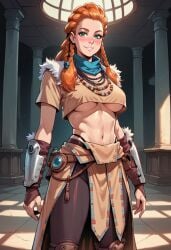 1girls ai_generated aloy black_thong breasts civitai crop_top cropped_shirt female freckles fur_trim green_eyes horizon_zero_dawn light-skinned_female light_skin long_hair necklace orange_hair panviewai pinup red_hair scarf thong tribal tribal_clothing underboob