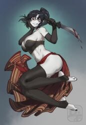 1girls black_hair black_nails black_toenail_polish black_toenails blind_eye clothed dark_souls dark_souls_2 desert_sorceress difman feet female from_software fromsoftware hand_on_face jumping knife legs legwear long_sleeve_gloves mischievous_smile ponytail red_eyes rubedo_of_londor smile smiling stirrup_legwear white_skin